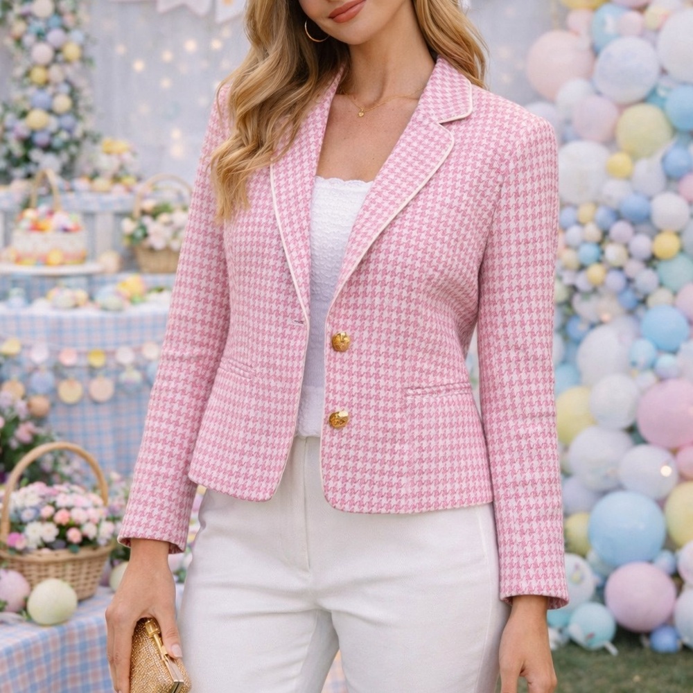 Ann Taylor Pink Houndstooth Notch Lapel Blazer  *SOLD